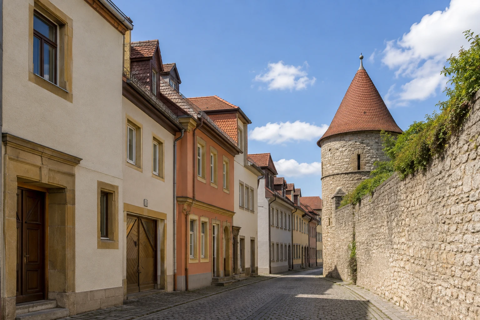 Fränkischer Straßenzug im Heidingsfelder Altort mit Wohnhäusern, Stadtmauer und Rundturm