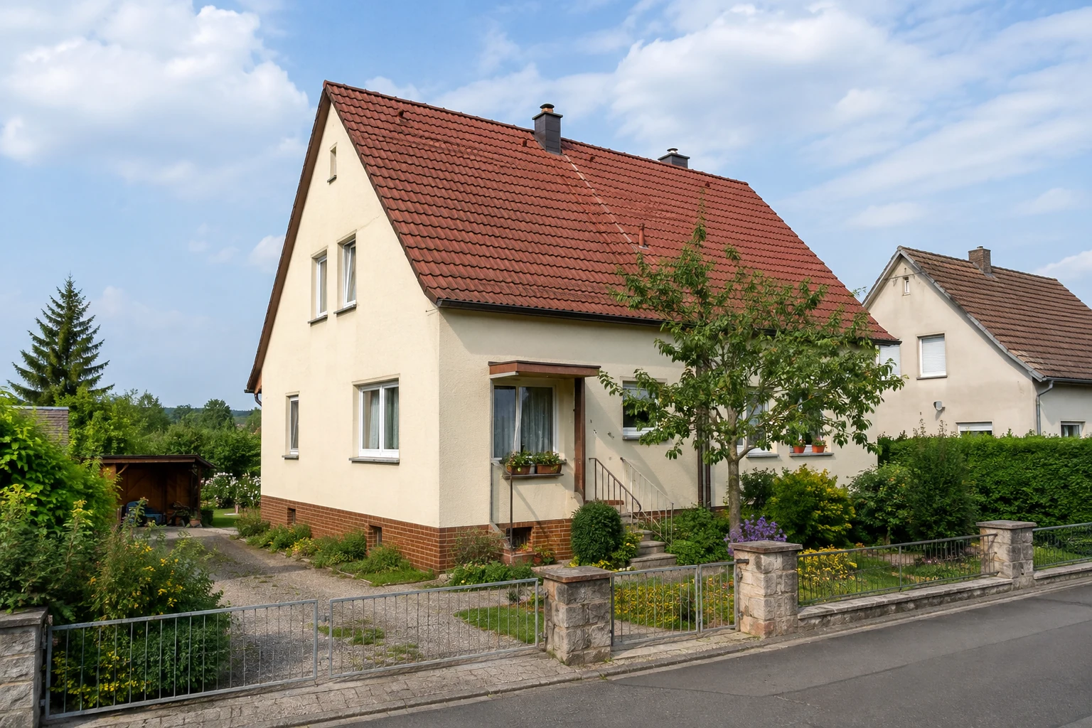 Bodenständiges Siedlungshaus in Heidingsfeld mit rotem Satteldach und gewachsenem Garten